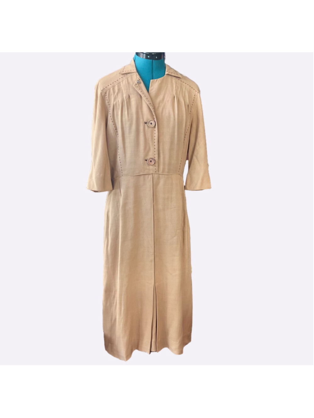 Vintage 1940s-50s beige linen shirt dress